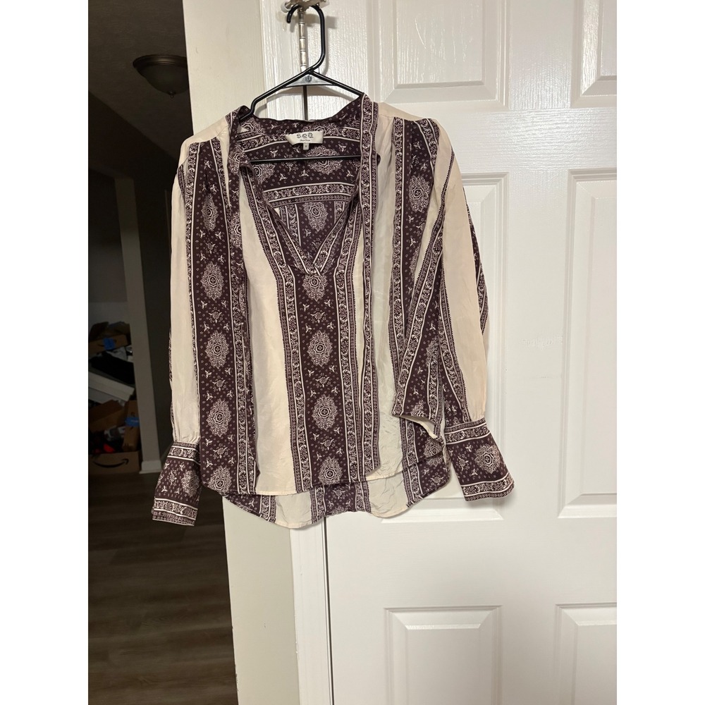 Sea New York Burgundy Cream Paisley Border Print V-Neck Blouse Top Size 8